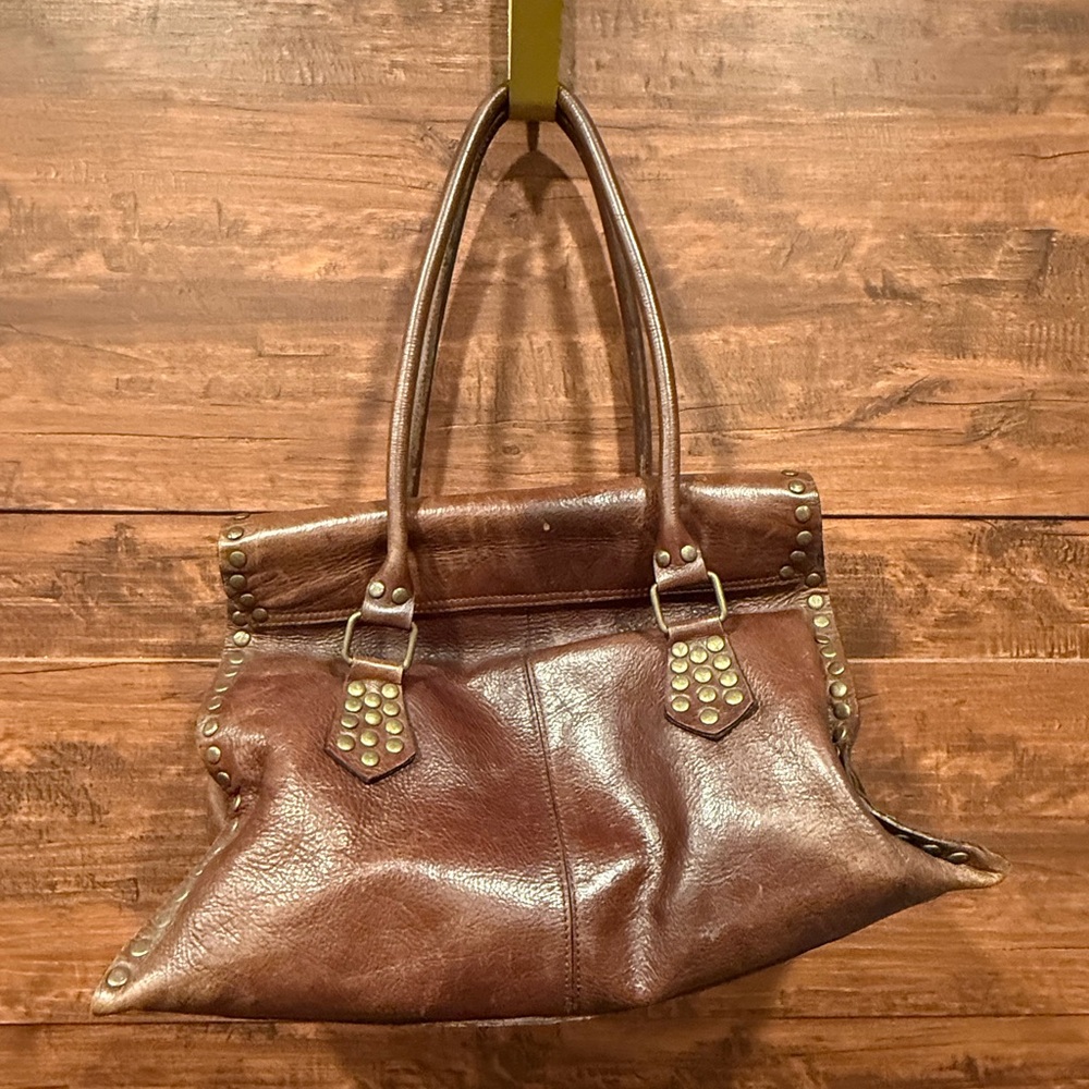 Brown Studded Leather Tote Bag